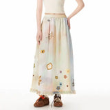 KYLETHOMASW  -  2025 Cat Print Contrasting Color Blending Spring Floral Mid Long Hem A-line Skirt Women Artistic Sweet Versatile Ins