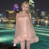 KYLETHOMASW  -  Mesh Patchwork Sling Dress Woman Shiny Sequin Low-Neck Backless Skinny Peach Hip Sweet Girls Street Elegant Mini Bodycon