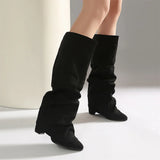 KYLETHOMASW  -  Women's Fold Over Pleated Stack Boots Pointed Toe Chunky High Heel Knee High Boots Plus Size 48 Available Party Club Daily Shoes