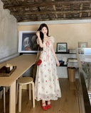 KYLETHOMASW  -  Women's Floral Print Chiffon Maxi Dress Puff Sleeve Square Neck Ruffle Trim Tie Front Long Dress for Summer