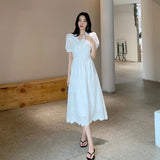 Kylethomasw Women Sweet White Embroidery Elegant High Waist Summer 2024 Dresses Ladies Sexy V-Neck Puff Short Sleeve Party Dress Vestidos