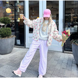 KYLETHOMASW  -  Casual Lamb's Wool Patchwork Women Coat Print 3d Flower Pocket Long Sleeve Zippers Female Jacket 2025 Autumn Winter Lady Outwear