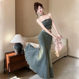 KYLETHOMASW  -  Women Clothes Y2K Casual Outfit Sexy Chest Wrapped Short Tops Shirt Blouse High Waist Fishtail Long Skirt Mujer 2 Pieces Set New