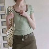 KYLETHOMASW  -  Women's 2-in-1 Lace-up Square Neck T-shirt Slim Fit Knit Short Sleeve Top