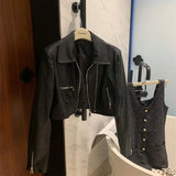 KYLETHOMASW  -  Vintage Cropped Pu Leather Jacket Women Streetwear Black Motorcycle Coat Fall Winter Long Sleeve Zipper Chic Outerwear New