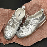 KYLETHOMASW  -  Women Silver Single Shoes Casual Sports Ballet Shoes Genuine Leather Design Sweet Sister Mary Jane  Ballet Training Shoes