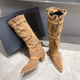 KYLETHOMASW  -  Vintage Pleated Belt Buckle Faux Suede Women Knee High Boots Autumn Winter Fashion High heels Western Cowboy Knight Boots Shoes