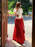 KYLETHOMASW  -  Summer New Beach 2 Piece Sets Women Hotsweet Off Shoulder Star Print Casual Tops Mushroom Edge Draw Pleats Slim Long Skirt