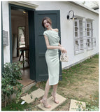 KIylethomasw French Temperament Celebrity Wind Sexy Strapless Oblique Collar Dress Female Spring and Summer Slim Open Package Hip Long Dress