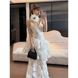 KYLETHOMASW  -     Summer White Sexy Strap Slip Maxi Dress Flower Backless Printed Lotus Leaf Edge French Light Luxury Evening Dresses for Women