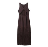 KYLETHOMASW  -  Sexy Solid O-Neck Sleeveless Backless Hollow Out Tassel Maxi Dress Women Summer Bodycon Zipper Long Dress Club Beach