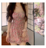 KYLETHOMASW  -  Sweet New Pink Sexy Dress Sweet Fresh Style Fragmented Flowers Print Waist Wrapped Slim Student Summer Short Lovely