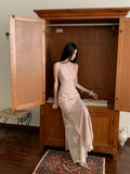 KYLETHOMASW  -  New Chinese Style Stand Collar Cheongsam Lace Pink Dress Slim Waist Long Skirt