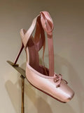KYLETHOMASW  -  Women's New Summer Square Satin High Heel Sandals with Ankle Strap, Fashionable Party and Banquet Ballet High Heels