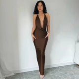 KYLETHOMASW  -  Women's Satin Red Halter Maxi Dress Deep V Neck Backless Bodycon Party Evening Gown