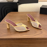 KYLETHOMASW  -  Women Mesh Mule Heels Red Coral Beads Seashell Decor High Heel Summer Beach Vacation Fashion Sandals Open Back Slip On Party