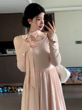 KYLETHOMASW  -  Pink Long Sleeve  Knot Maxi Dress Women's High Waist Gentle Style Spring Autumn Long Skirt A-Line Dress Korean Style