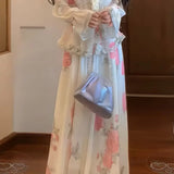 KYLETHOMASW  -  Elegant Floral Print Skirt Set Spring Ruffle V-Neck Lace-up Blouse+A-Line Midi Skirt Women Casual Holiday Two Piece Outfit 273A