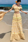 KYLETHOMASW  -  French Vacation Boho Beach 2 Piece Sets Womens Print Floral Outfits Summer Corp Top and High Waist Long Skirt Two Piece Set