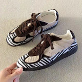 KYLETHOMASW  -  Autumn New Zebra Stripes Flats Sports Shoes Women Leather Patchwork Breathable Sneakers Casual Lace Up Comfort Running Shoe