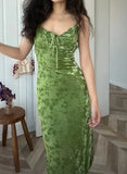 KYLETHOMASW  -  Vintage Green Velvet Burnt Flower Long Strap Dresses Women Robe Sexy Backless sleeveless Slim Boho Beach Dress Ladies