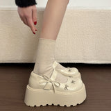 KYLETHOMASW  -  Women's Bow Mary Jane Platform Shoes Round Toe Casual Non Slip 7cm Height Increasing Comfortable Chunky Sole Ballet Flats Shoes
