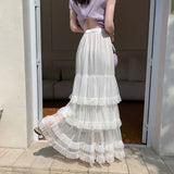 KYLETHOMASW  -  Long Skirts Mesh Ruffles Solid A-line Spring Summer Sweet Women Skirt Elegant Vintage High Waist Faldas Mujer