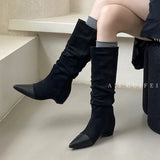 KYLETHOMASW  -  Brown Brand Women Long Boots Fashion Pointed Toe Slip On Ladies Elegant Knee-high Boots Square heel Outdoor Dress Pumps