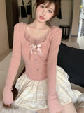 KYLETHOMASW  -  Japanese Kawaii Y2k 2 Piece Skirt Set Women Lace Sexy Elegant Skirt Suit Female Autumn Winter Chic Tops Cake Mini Skirt 2024 New