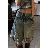 KYLETHOMASW  -  Women's Distressed Washed Denim Capris Loose Wide-Leg Ripped Mid-Length Jeans