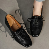 KYLETHOMASW  -  Women's genuine leather patchwork square toe lace-up flats loafers high quality soft comfortable casual female daily shoes woman