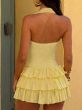 KYLETHOMASW  -  Fashion Sweet Slim Fit Solid Elegant Women Halter Dresses Summer Short Simple Causal Cake Frock Backless