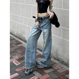 KYLETHOMASW  -  Blue Womens Jeans High Waist Vintage Design Hip Hop Straight Baggy Denim Pants Street Y2K American Style Wide Leg Denim Trouser