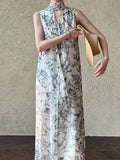 KYLETHOMASW  -  2025 New Korean Chic Summer Retro Ethnic Style V-neck Floral Print Strap Waist Cinching Slimming Floral Vest Dress