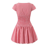 KYLETHOMASW  -  Women O Neck Short Sleeve A-line Slim Plaid Mini Dresses Casual Holiday Summer Dress 2025 Robe