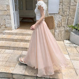 KYLETHOMASW  -  Mesh Skirts Women A-line Spring Summer Solid Sweet Versatile Long Skirt Korean Fashion High Waist Elegant Retro Faldas Mujer