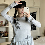 KYLETHOMASW  -  Y2K Aesthetic Women's Sweatshirt Dress Gray Star Rabbit Print Drawstring Ruffle Hem Long Sleeve Casual Dress 2000s E-girls