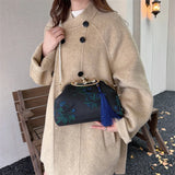 KYLETHOMASW  -  Handbag with Floral Print Gold Ring Handle with Rhinestones & Pearl Chain Tassel Decor Women's Evening Clutch Purse