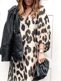 KYLETHOMASW  -  Spring Summer New Long V-neck Loose Lantern Sleeve Leopard Print Straight Cut Dress Women's Midi Dress Comfortable Breathable