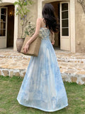 KYLETHOMASW  -  Holiday Beach Vintage Printed Backless Long Blue Dress Women Summer Spaghetti Strap Elegant Fairy Dress Evening Party Dresses