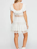 KYLETHOMASW  -  Women's White Off Shoulder Mini Dress Sweet Ruffle Tiered Crochet Waist Lace-up Gowns Summer Beach Dresses New Date Vestidos