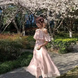 KYLETHOMASW  -  Summer Sweet Lace Lolita Waist Slimming A-line Long Dress for Women Off Shoulder Ruffle Short Sleeve Pink Elegant Dress