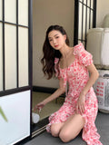 KYLETHOMASW  -  Summer Print Floral Asymmetrical Ruffled Dress Women Square Collar Short Sleeve Slim Pink Korean Dress Party Birthday Dresses