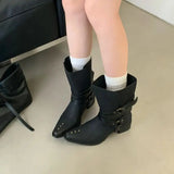 KYLETHOMASW  -  Black Chunky Heels Ankle Boots Woman Pointed Toe Rivet Fall Shoes Belt Buckle Western Style Cowboy Boots Zapatos Mujer