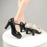 KYLTHOMASW  -   Ankle Strap Thick Heels Pumps for Women Pu Leather Office High Heeled Shoes Woman's Elegant Platform Mary Jane Shoes Casual