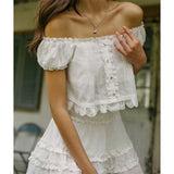 KYLETHOMASW  -  Sexy Off Shoulder White Cropped Shirt Women Front Button Short Sleeve Cotton Summer Blouse Sweet Tops New
