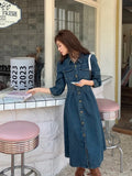 KYLETHOMASW  -  Autumn Spring New Design Vintage High-Waisted Long Denim Dress Women Single Breasted Slim Waist Pleated Mid-Length Dresses