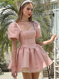 KYLETHOMASW  -  Y2K Pink Satin Princess Short Dresses for Women Puff Sleeve Square Collar Ruffles A-line Evening Party Dress Kawaii Mini Vestido