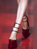 KYLETHOMASW  -  Red Black Patent Leather Pointed-Toe Platform Pumps Multi-Strap Design Gold Buckles Chunky Block Heel Elegant Looks for Women