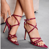 KYLETHOMASW  -  Sexy Pointed Toe Cross Strap Thin High Sandal Women Summer Fashion Ankle Strap Party Slingback Pumps Elegant Party Stripper Shoe